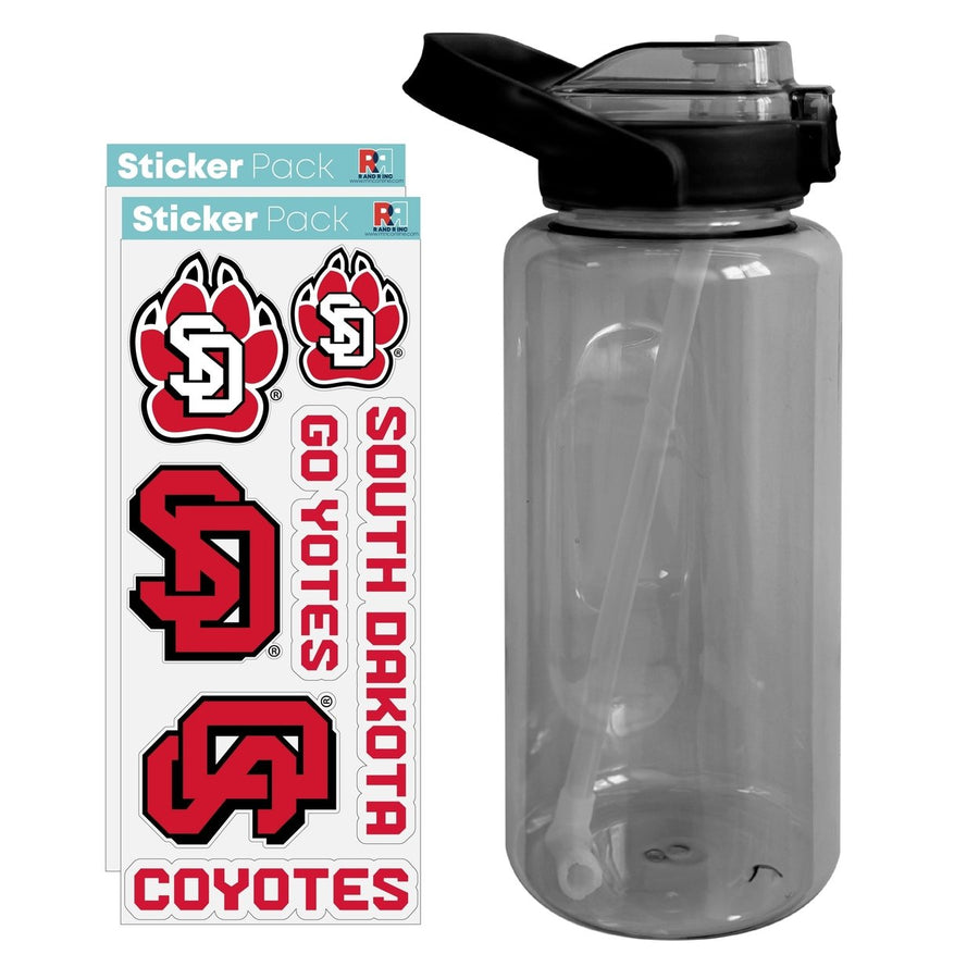 64 oz Large Water Bottle with South Dakota Coyotes Waterproof Stickers Screw-on Top and Straw Officially Licensed Image 1