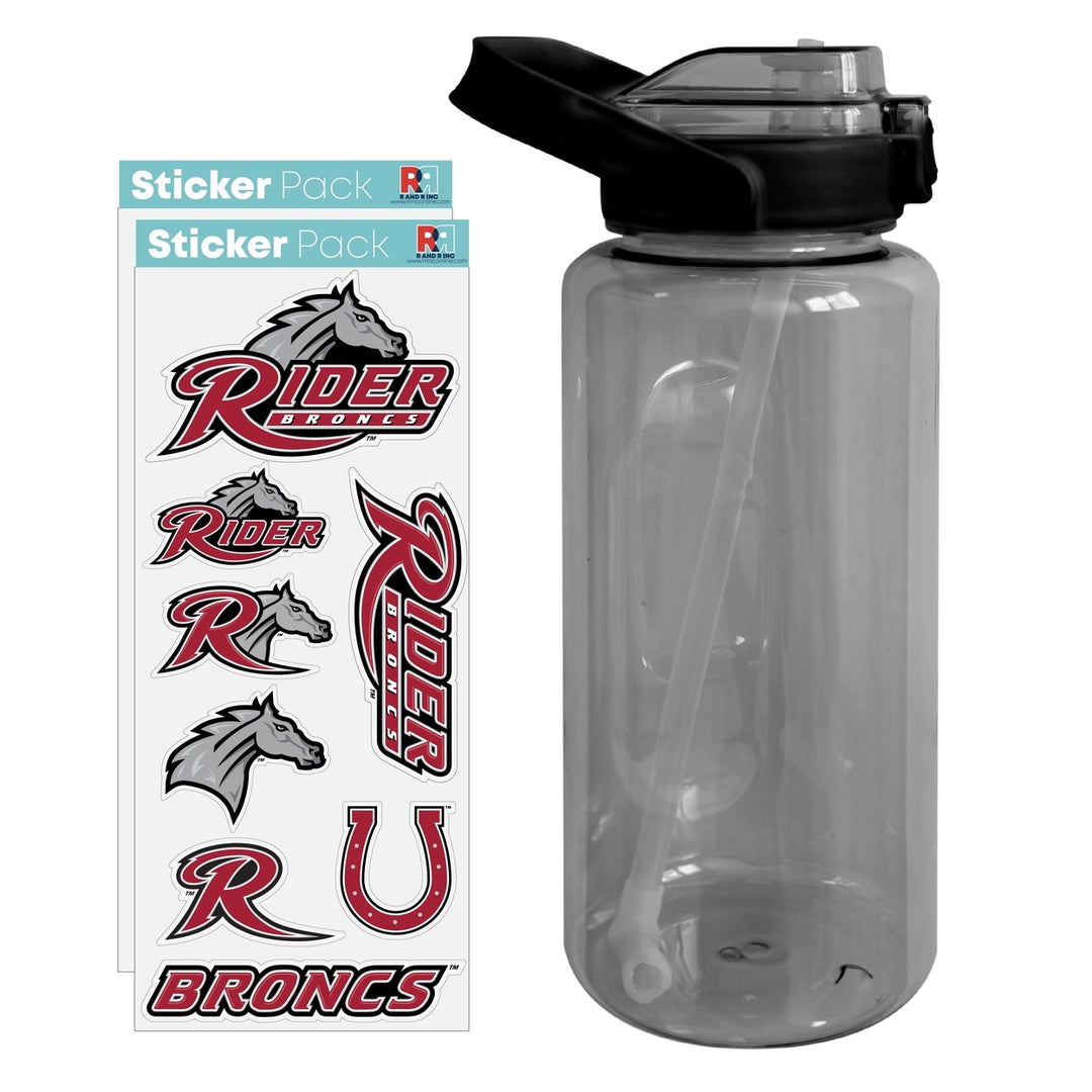 64 oz Large Water Bottle with Rider University Broncs Waterproof Stickers Screw-on Top and Straw Officially Licensed Image 1