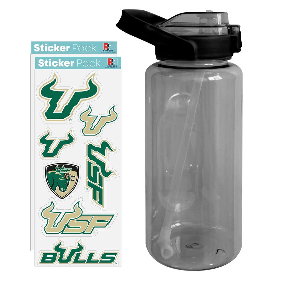 64 oz Large Water Bottle with South Florida Bulls Waterproof Stickers Screw-on Top and Straw Officially Licensed Product Image 1