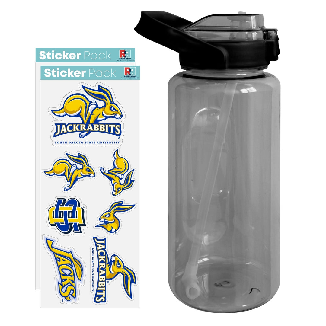 64 oz Large Water Bottle with South Dakota State Jackrabbits Waterproof Stickers Screw-on Top and Straw Officially Image 1