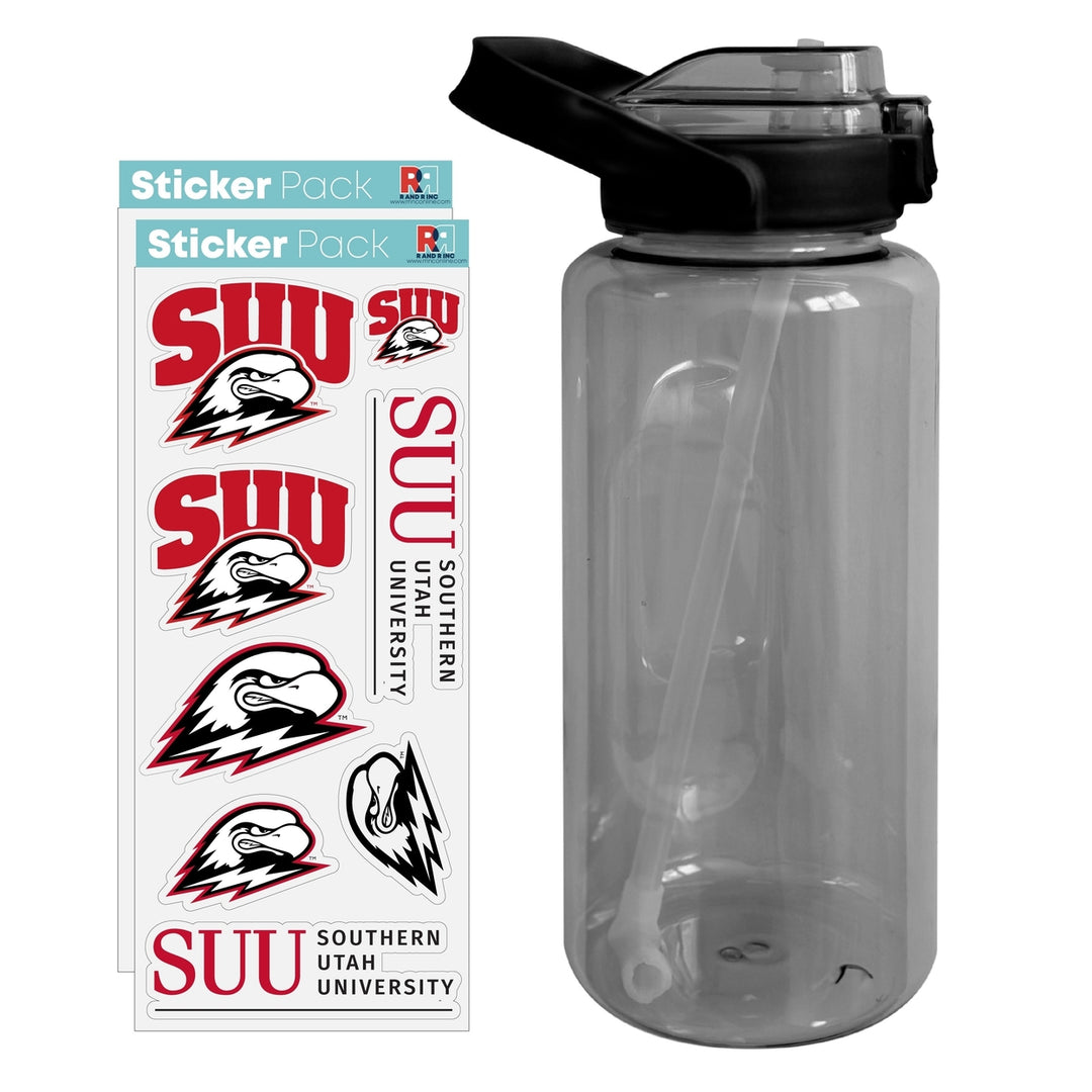 64 oz Large Water Bottle with Southern Utah University Waterproof Stickers Screw-on Top and Straw Officially Licensed Image 1