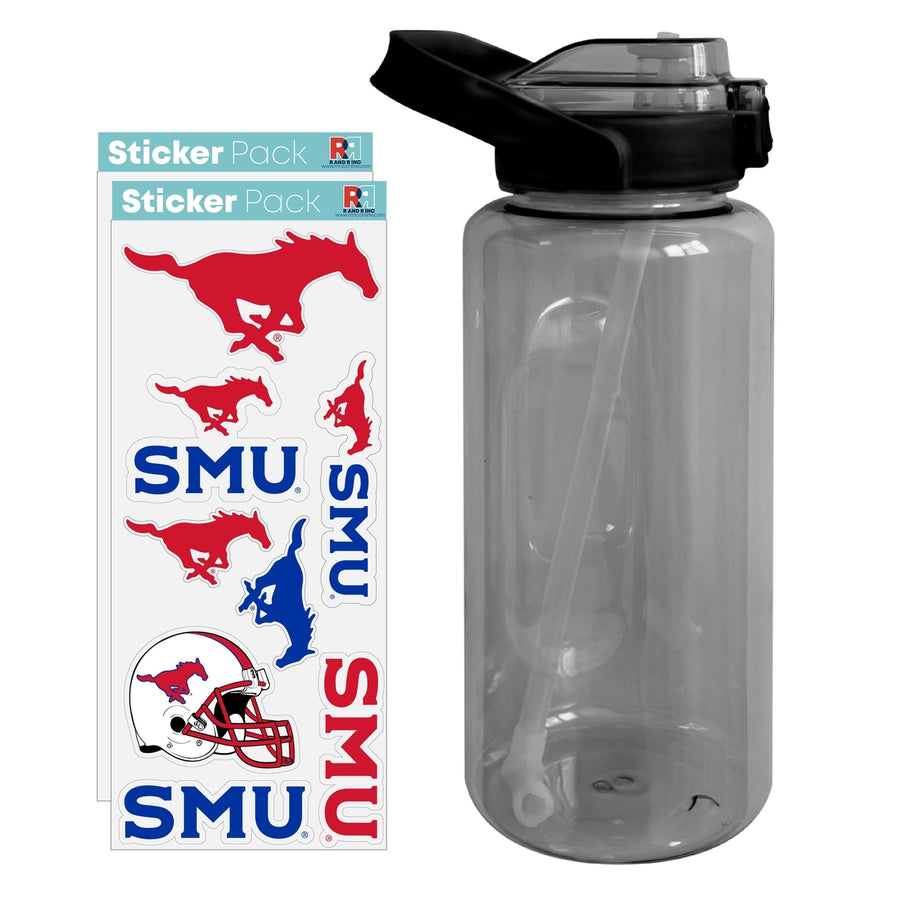 64 oz Large Water Bottle with Southern Methodist University Waterproof Stickers Screw-on Top and Straw Officially Image 1