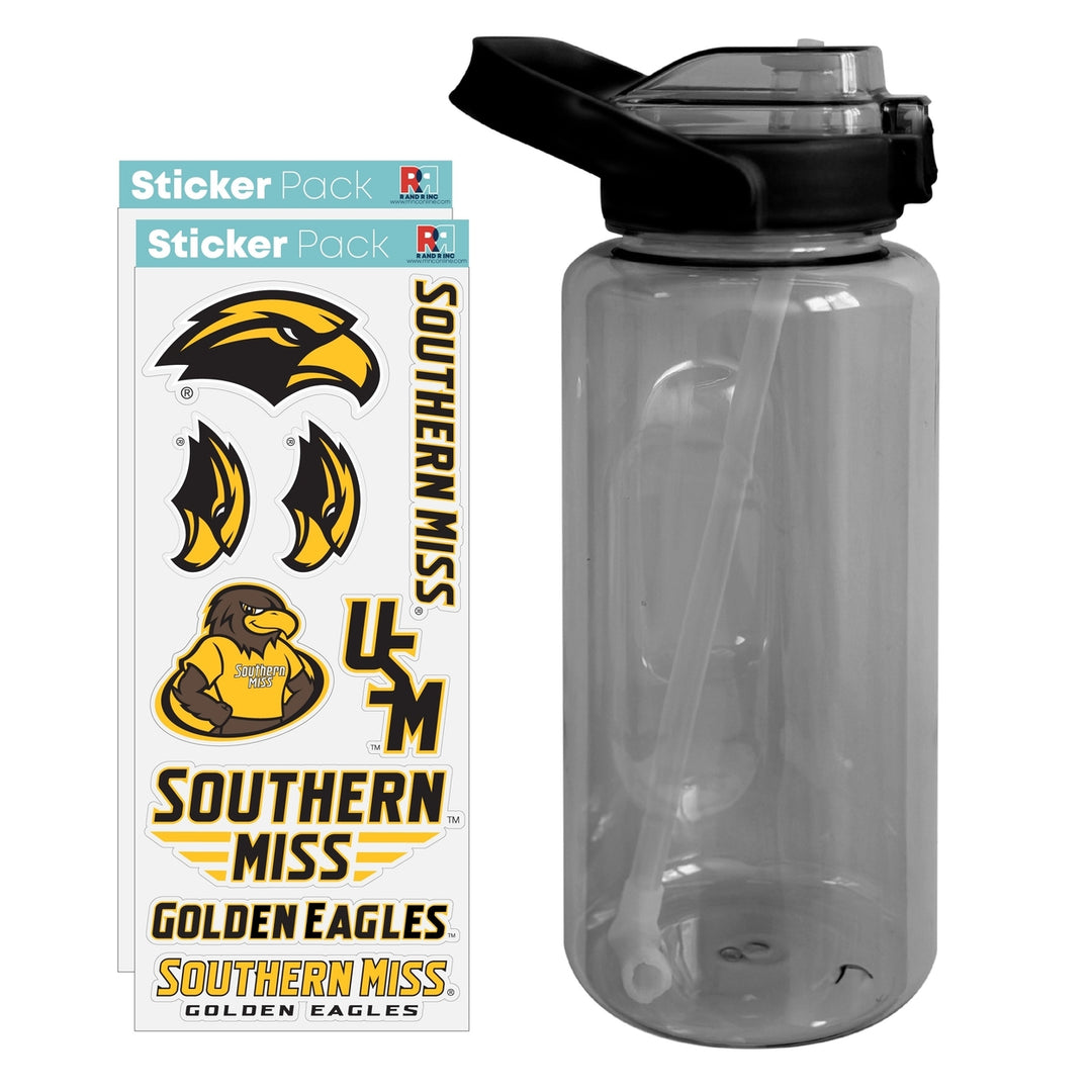 64 oz Large Water Bottle with Southern Mississippi Golden Eagles Waterproof Stickers Screw-on Top and Straw Officially Image 1