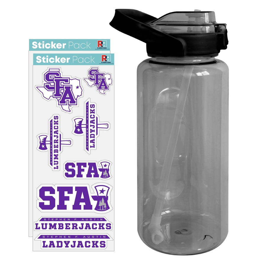 64 oz Large Water Bottle with Stephen F. Austin State University Waterproof Stickers Screw-on Top and Straw Officially Image 1