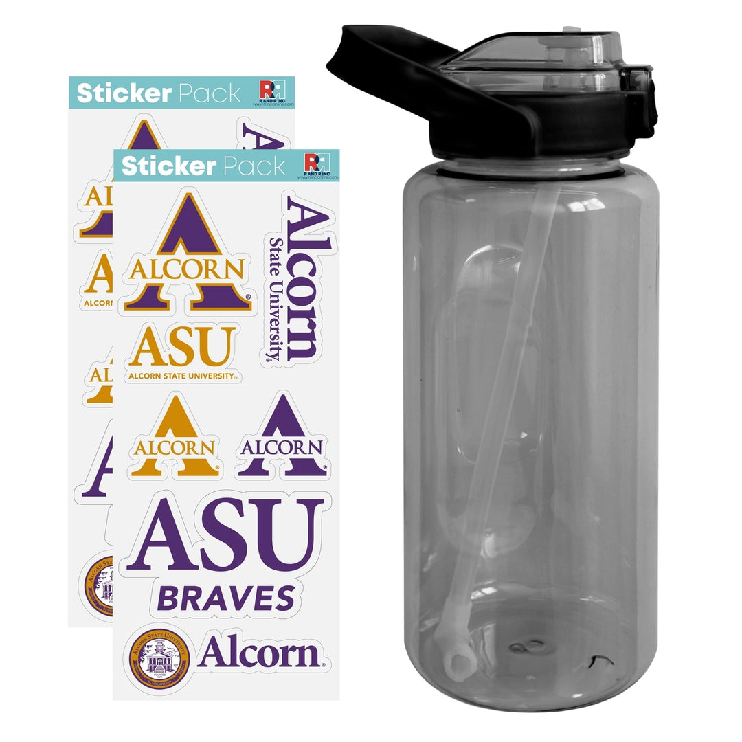 64 oz Large Water Bottle with Alcorn State Braves Waterproof Stickers Screw-on Top and Straw Officially Licensed Product Image 1