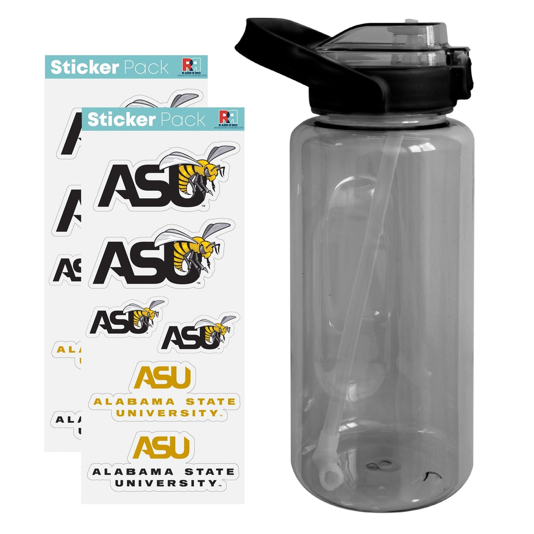 64 oz Large Water Bottle with Alabama State University Waterproof Stickers Screw-on Top and Straw Officially Licensed Image 1