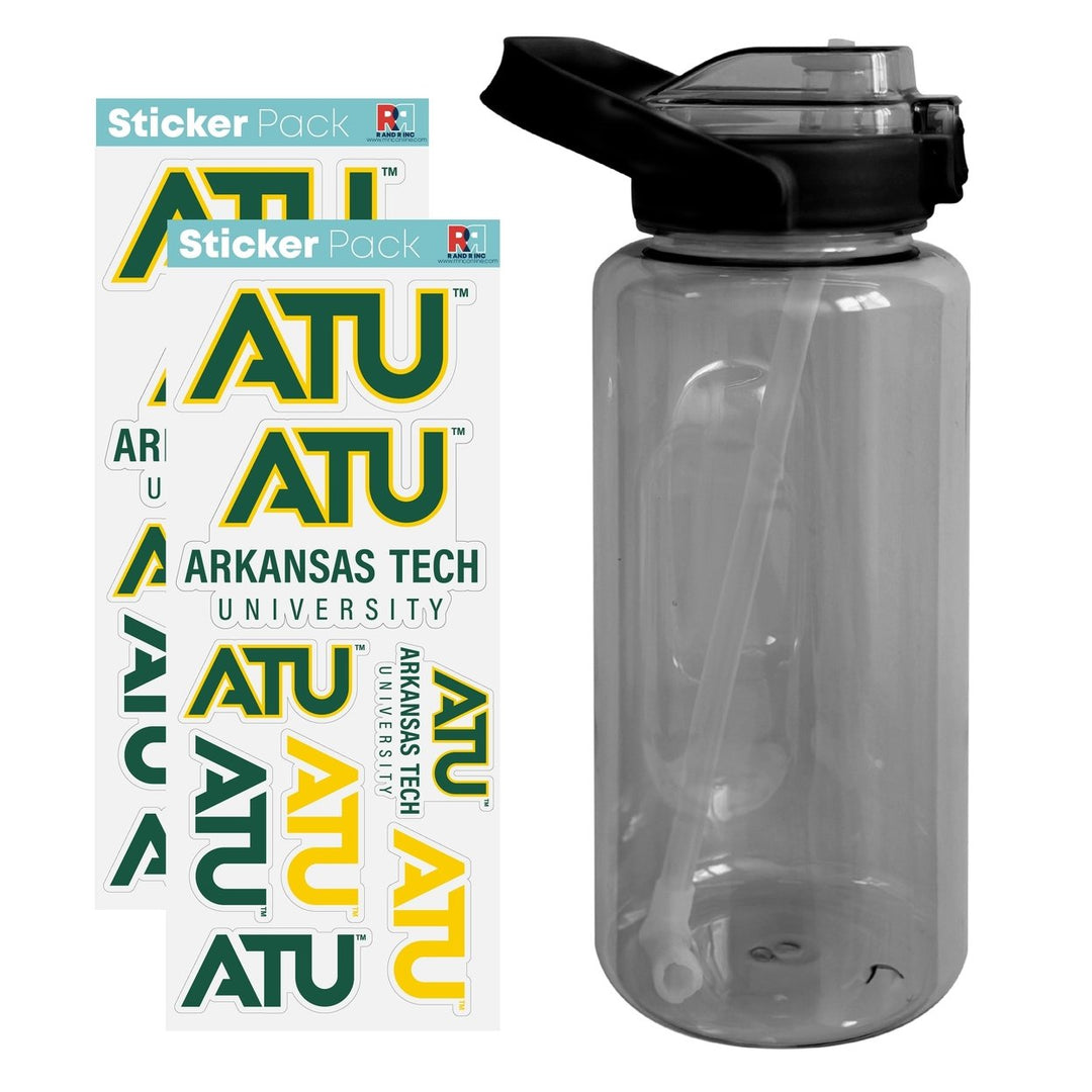 64 oz Large Water Bottle with Arkansas Tech University Waterproof Stickers Screw-on Top and Straw Officially Licensed Image 1