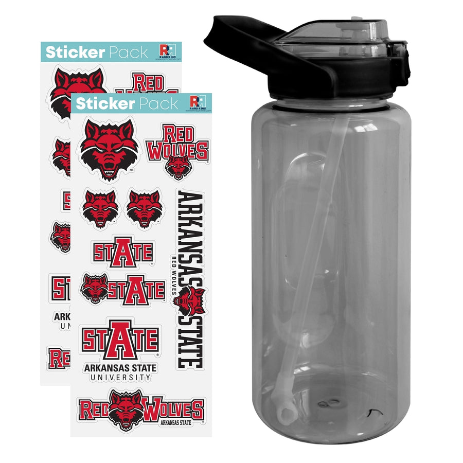 64 oz Large Water Bottle with Arkansas State Waterproof Stickers Screw-on Top and Straw Officially Licensed Product Image 1