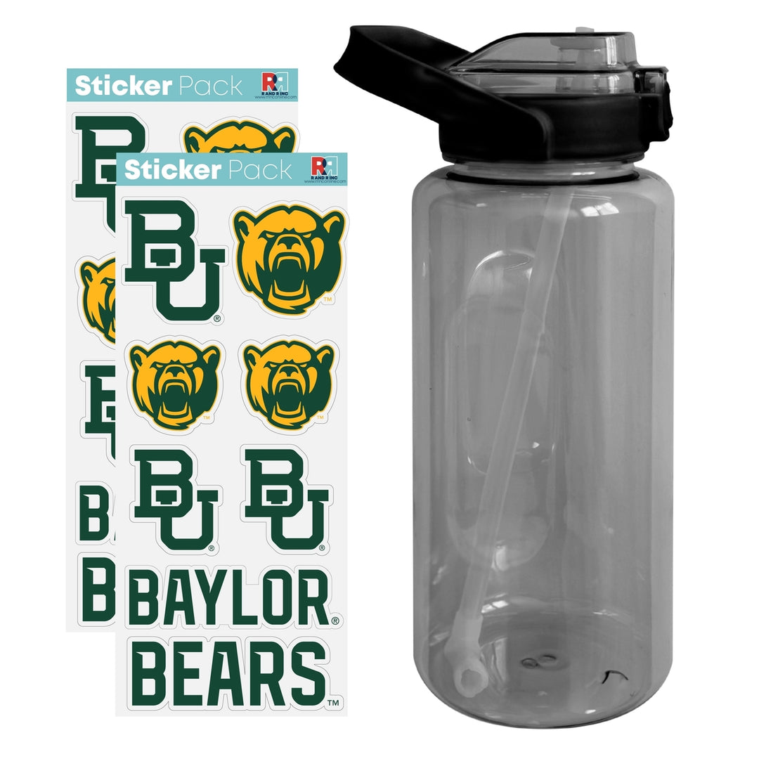 64 oz Large Water Bottle with Baylor Bears Waterproof Stickers Screw-on Top and Straw Officially Licensed Product Image 1