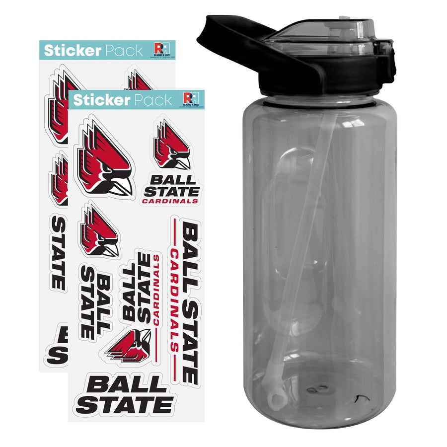 64 oz Large Water Bottle with Ball State University Waterproof Stickers Screw-on Top and Straw Officially Licensed Image 1