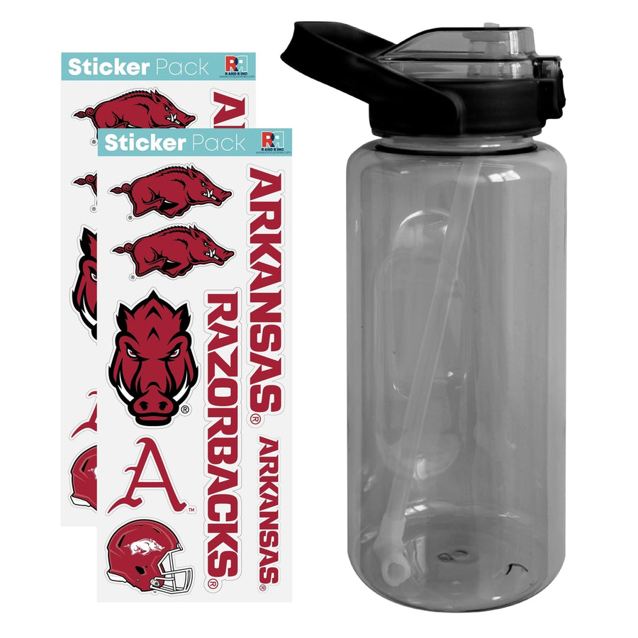 64 oz Large Water Bottle with Arkansas Razorbacks Waterproof Stickers Screw-on Top and Straw Officially Licensed Product Image 1