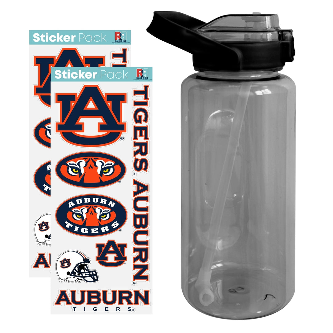 64 oz Large Water Bottle with Auburn Tigers Waterproof Stickers Screw-on Top and Straw Officially Licensed Product Image 1