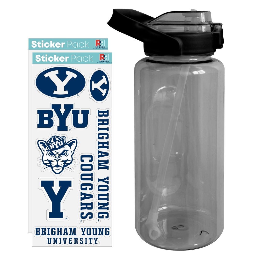 64 oz Large Water Bottle with Brigham Young Cougars Waterproof Stickers Screw-on Top and Straw Officially Licensed Image 1