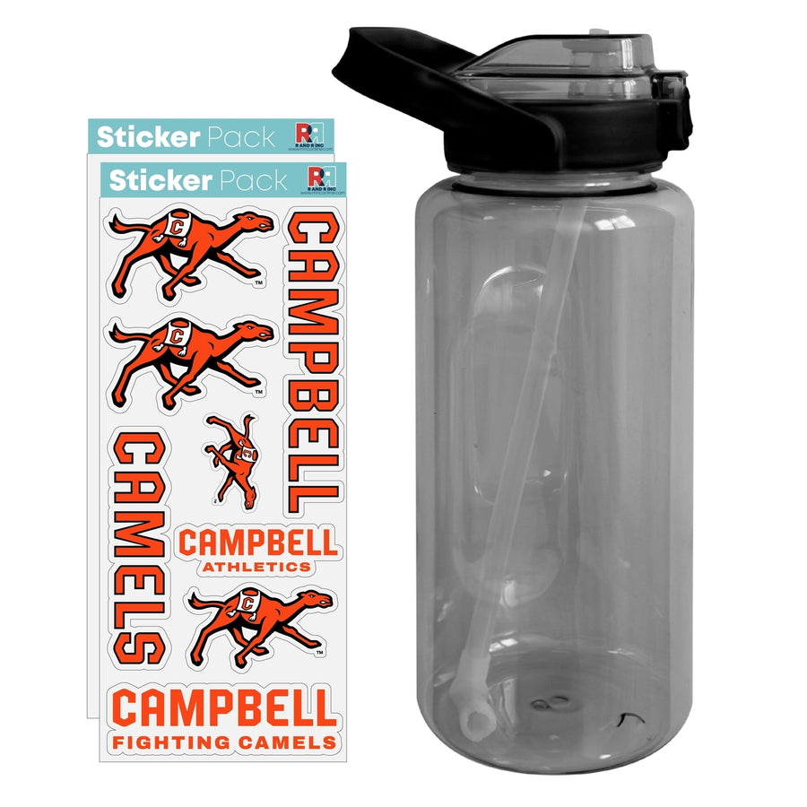 64 oz Large Water Bottle with Campbell University Fighting Camels Waterproof Stickers Screw-on Top and Straw Officially Image 1