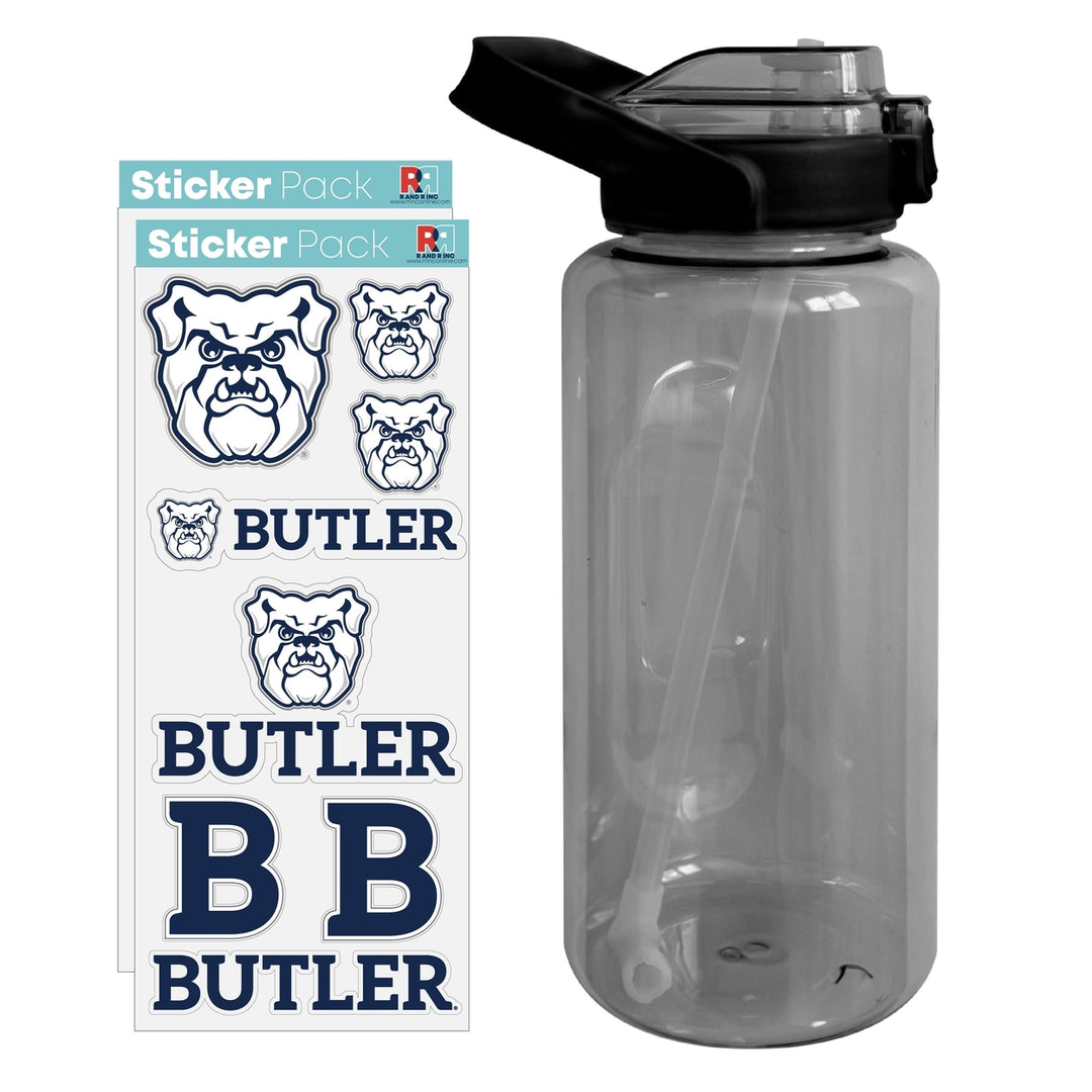 64 oz Large Water Bottle with Butler Bulldogs Waterproof Stickers Screw-on Top and Straw Officially Licensed Product Image 1