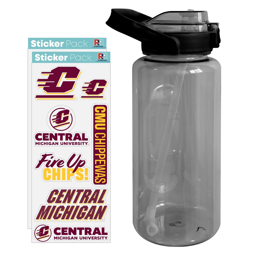 64 oz Large Water Bottle with Central Michigan University Waterproof Stickers Screw-on Top and Straw Officially Licensed Image 1