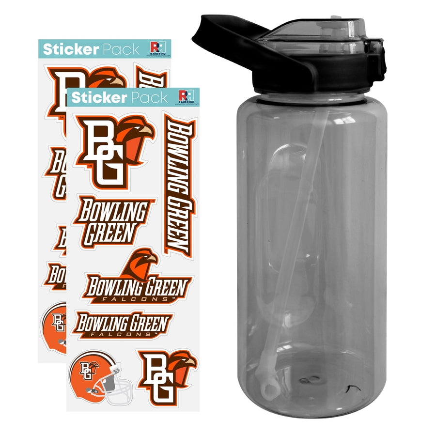 64 oz Large Water Bottle with Bowling Green Falcons Waterproof Stickers Screw-on Top and Straw Officially Licensed Image 1