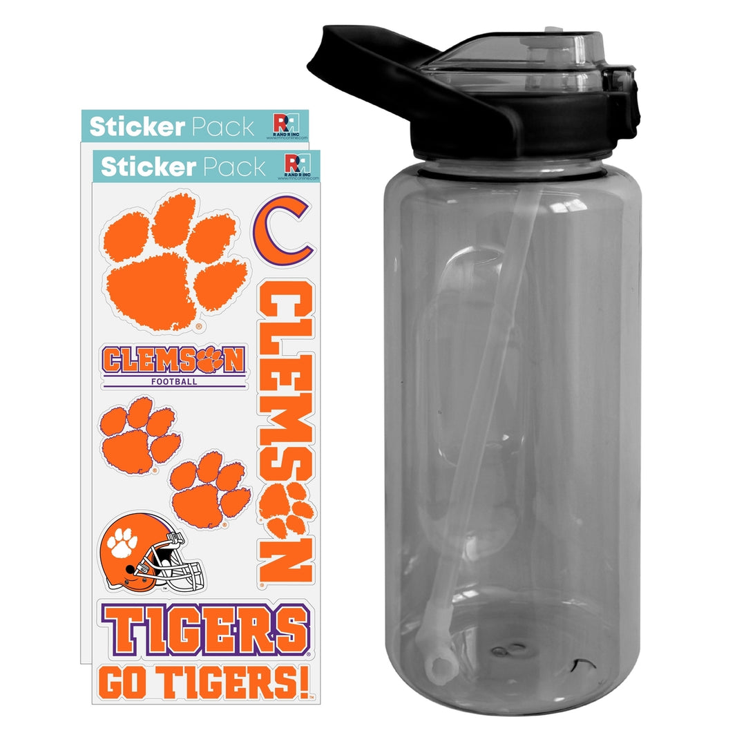 64 oz Large Water Bottle with Clemson Tigers Waterproof Stickers Screw-on Top and Straw Officially Licensed Product Image 1