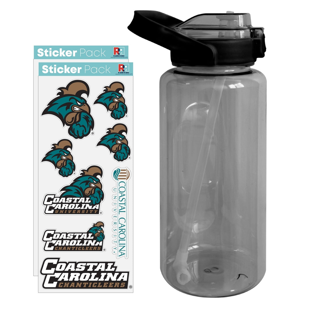 64 oz Large Water Bottle with Coastal Carolina University Waterproof Stickers Screw-on Top and Straw Officially Licensed Image 1