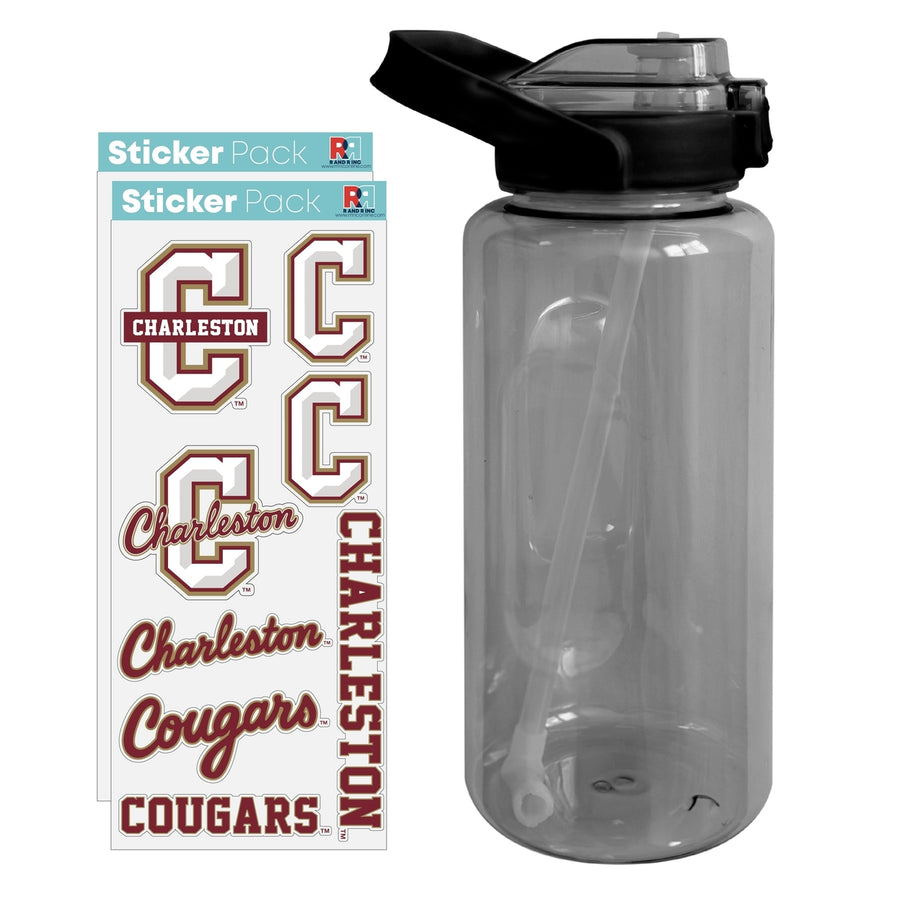 64 oz Large Water Bottle with College of Charleston Waterproof Stickers Screw-on Top and Straw Officially Licensed Image 1