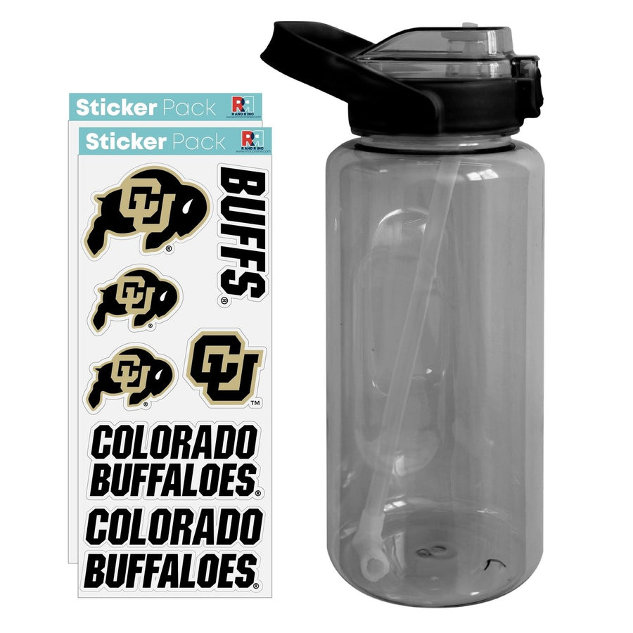 64 oz Large Water Bottle with Colorado Buffaloes Waterproof Stickers Screw-on Top and Straw Officially Licensed Product Image 1