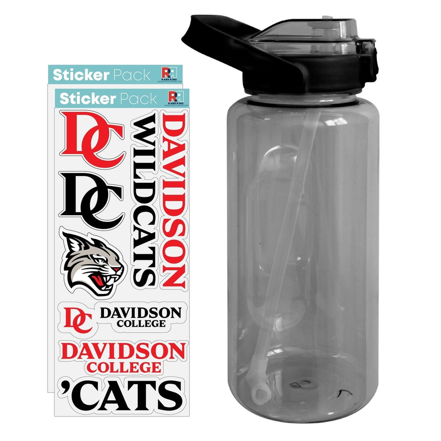 64 oz Large Water Bottle with Davidson College Waterproof Stickers Screw-on Top and Straw Officially Licensed Product Image 1