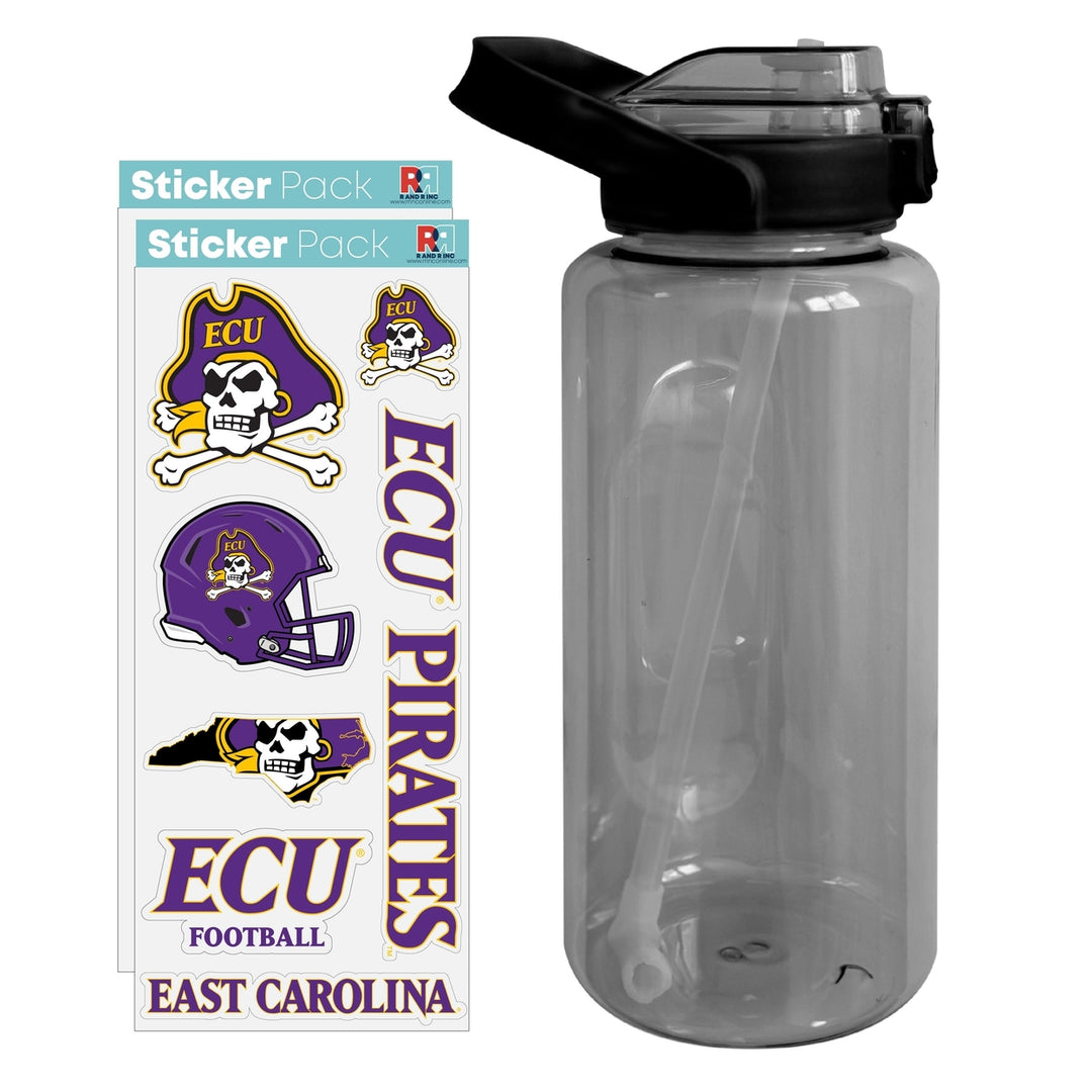 64 oz Large Water Bottle with East Carolina Pirates Waterproof Stickers Screw-on Top and Straw Officially Licensed Image 1