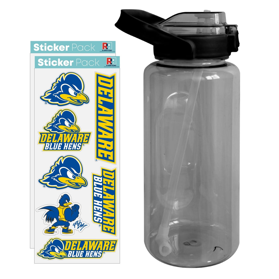 64 oz Large Water Bottle with Delaware Blue Hens Waterproof Stickers Screw-on Top and Straw Officially Licensed Product Image 1