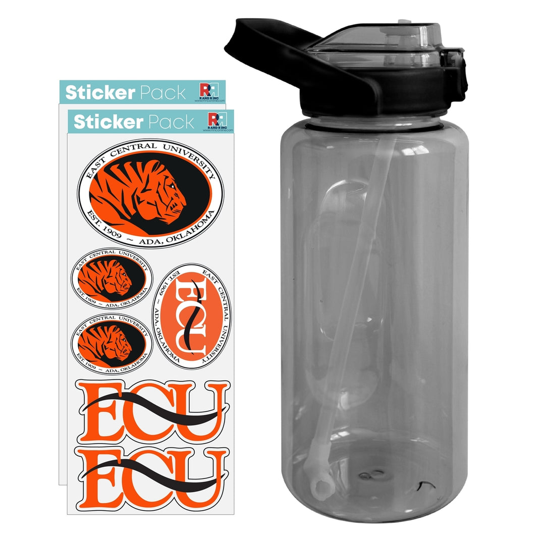 64 oz Large Water Bottle with East Central University Tigers Waterproof Stickers Screw-on Top and Straw Officially Image 1