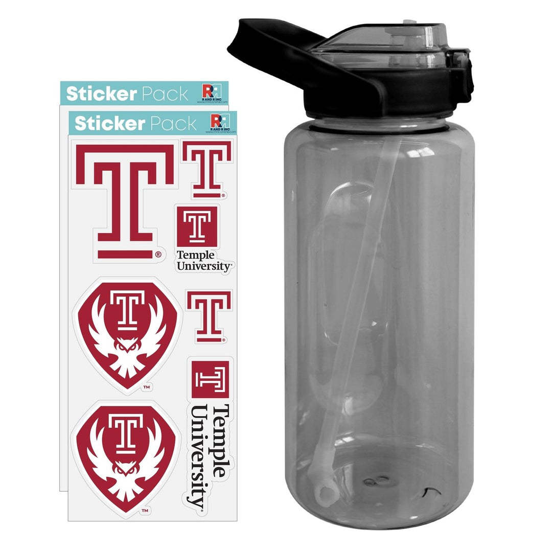 64 oz Large Water Bottle with Temple University Waterproof Stickers Screw-on Top and Straw Officially Licensed Product Image 1