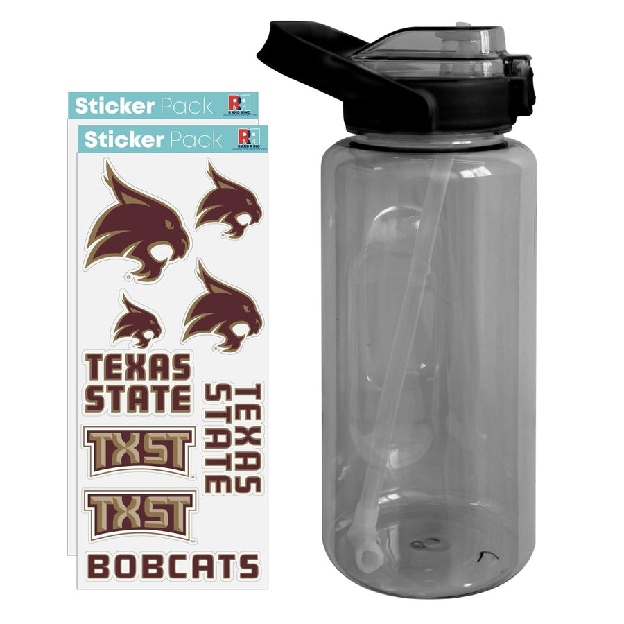 64 oz Large Water Bottle with Texas State Bobcats Waterproof Stickers Screw-on Top and Straw Officially Licensed Product Image 1