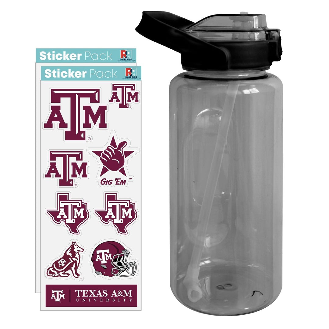 64 oz Large Water Bottle with Texas AandM Aggies Waterproof Stickers Screw-on Top and Straw Officially Licensed Product Image 1