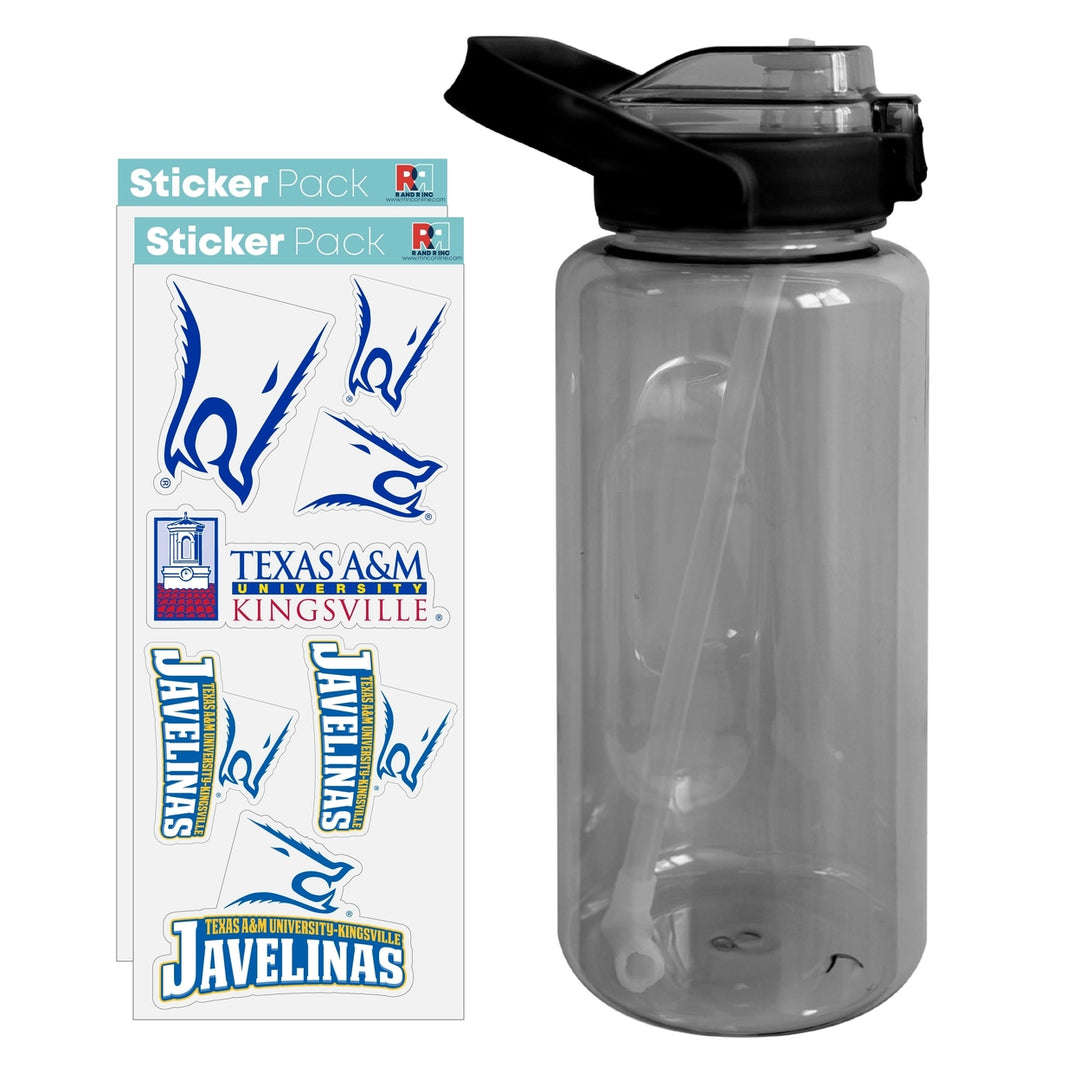 64 oz Large Water Bottle with Texas AandM Kingsville Javelinas Waterproof Stickers Screw-on Top and Straw Officially Image 1