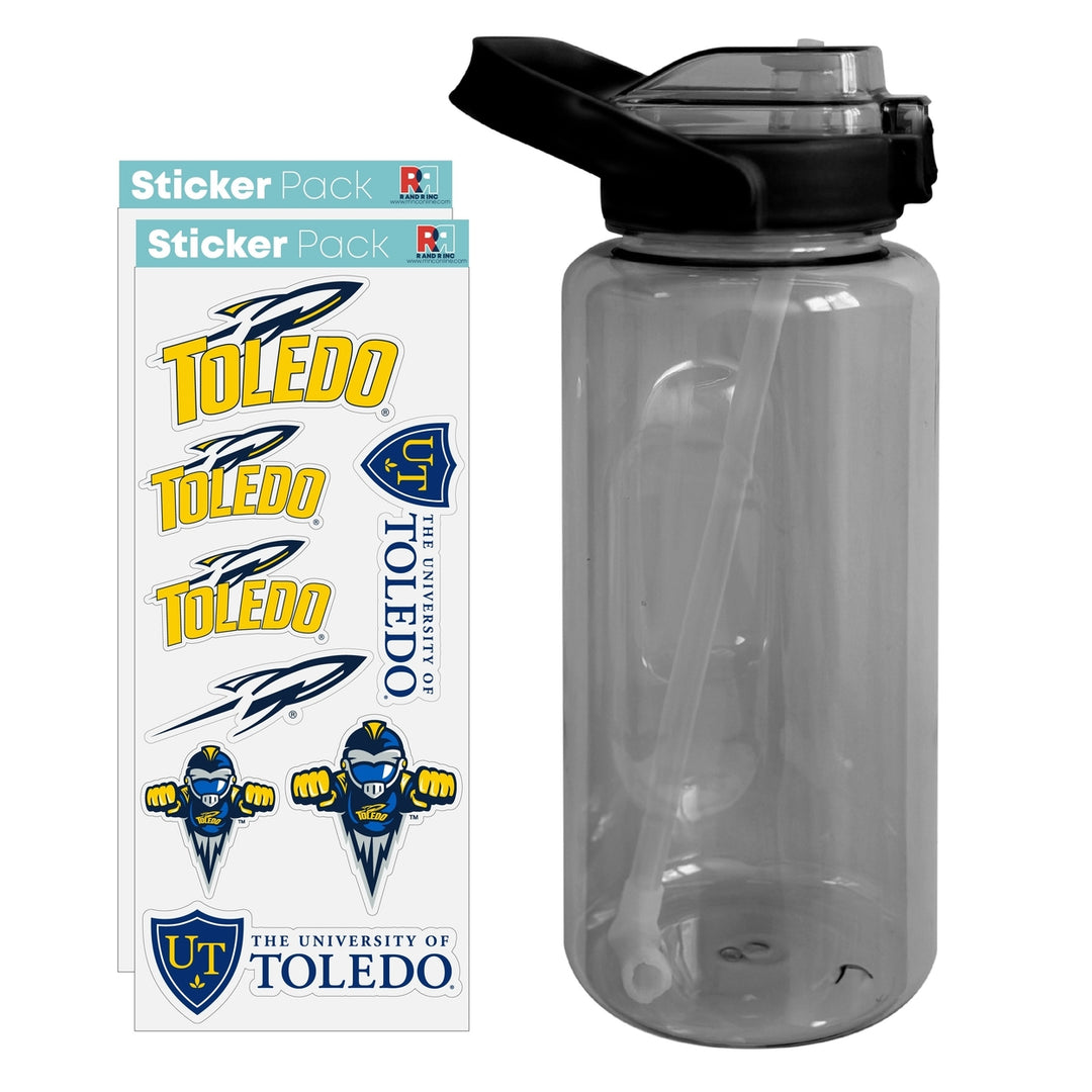 64 oz Large Water Bottle with Toledo Rockets Waterproof Stickers Screw-on Top and Straw Officially Licensed Product Image 1