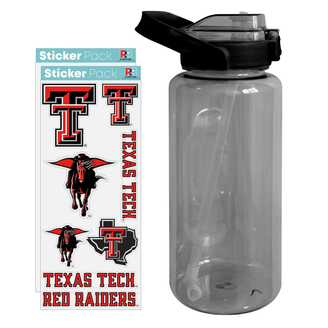 64 oz Large Water Bottle with Texas Tech Red Raiders Waterproof Stickers Screw-on Top and Straw Officially Licensed Image 1