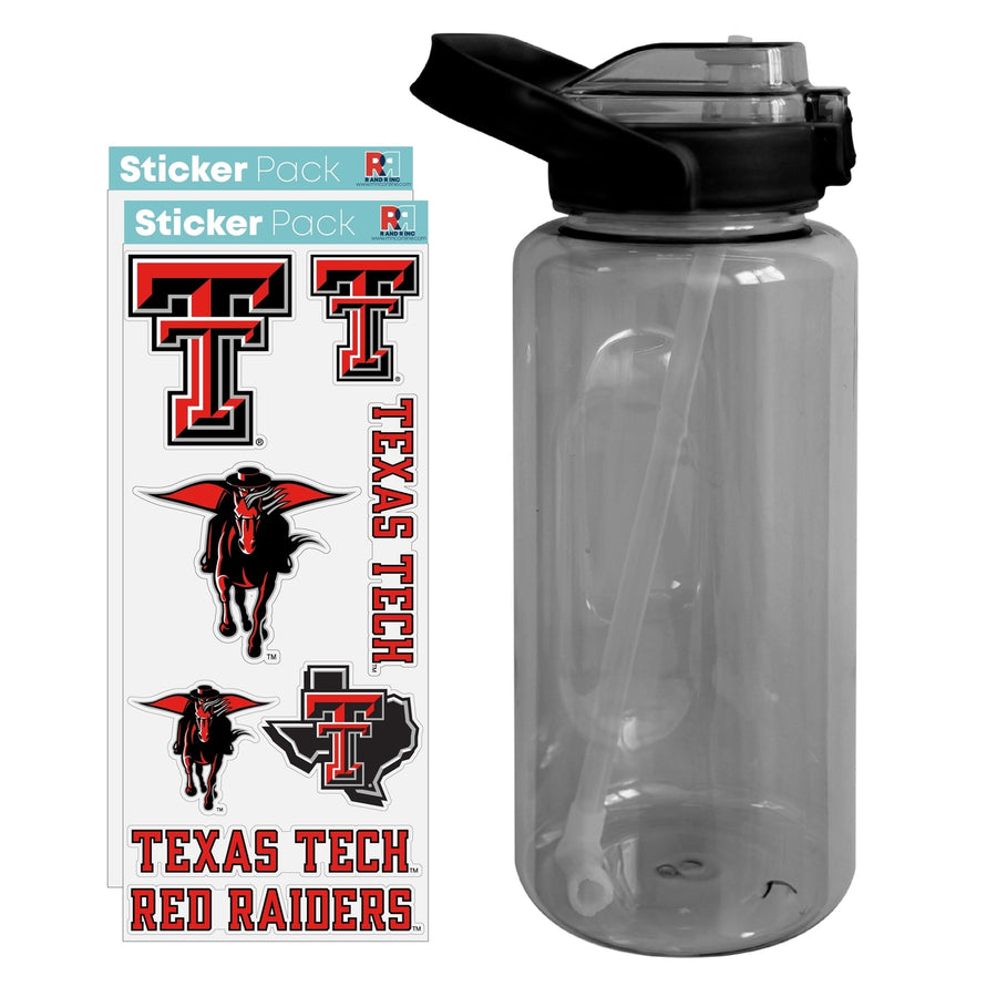 64 oz Large Water Bottle with Texas Tech Red Raiders Waterproof Stickers Screw-on Top and Straw Officially Licensed Image 1