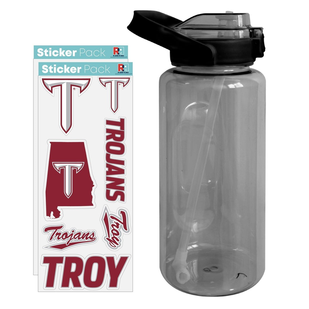 64 oz Large Water Bottle with Troy University Waterproof Stickers Screw-on Top and Straw Officially Licensed Product Image 1