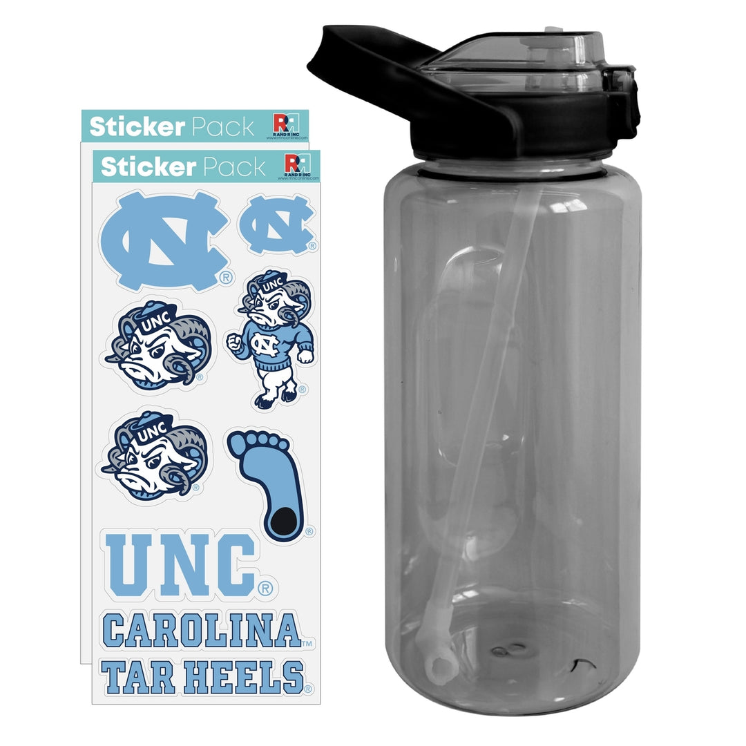 64 oz Large Water Bottle with UNC Tar Heels Waterproof Stickers Screw-on Top and Straw Officially Licensed Product Image 1