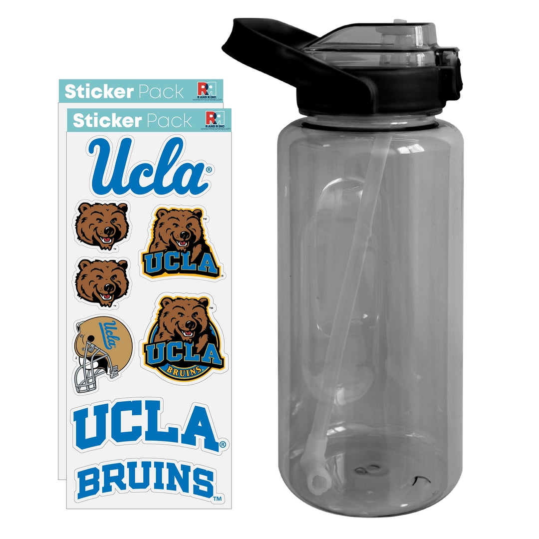 64 oz Large Water Bottle with UCLA Bruins Waterproof Stickers Screw-on Top and Straw Officially Licensed Product Image 1