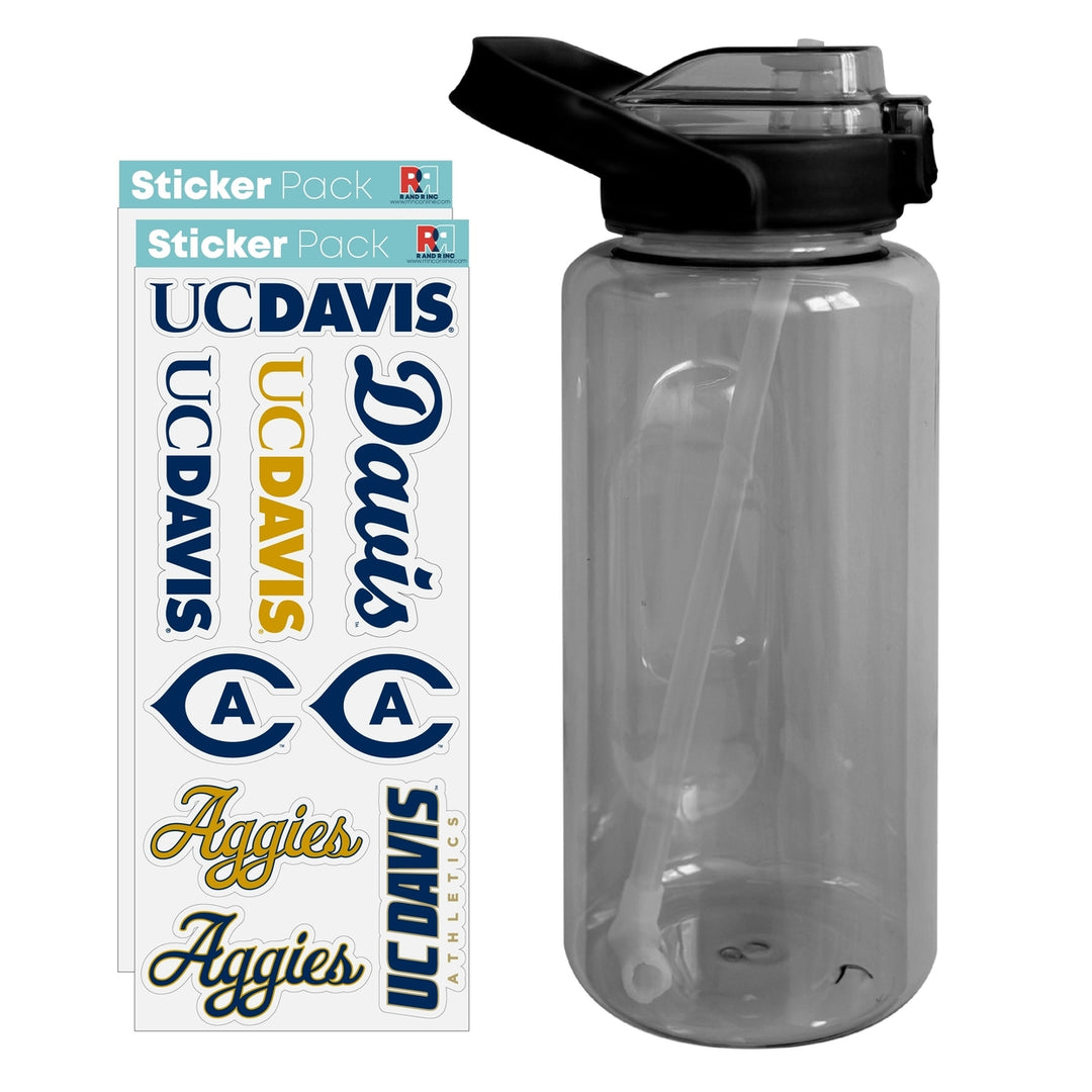 64 oz Large Water Bottle with UC Davis Aggies Waterproof Stickers Screw-on Top and Straw Officially Licensed Product Image 1