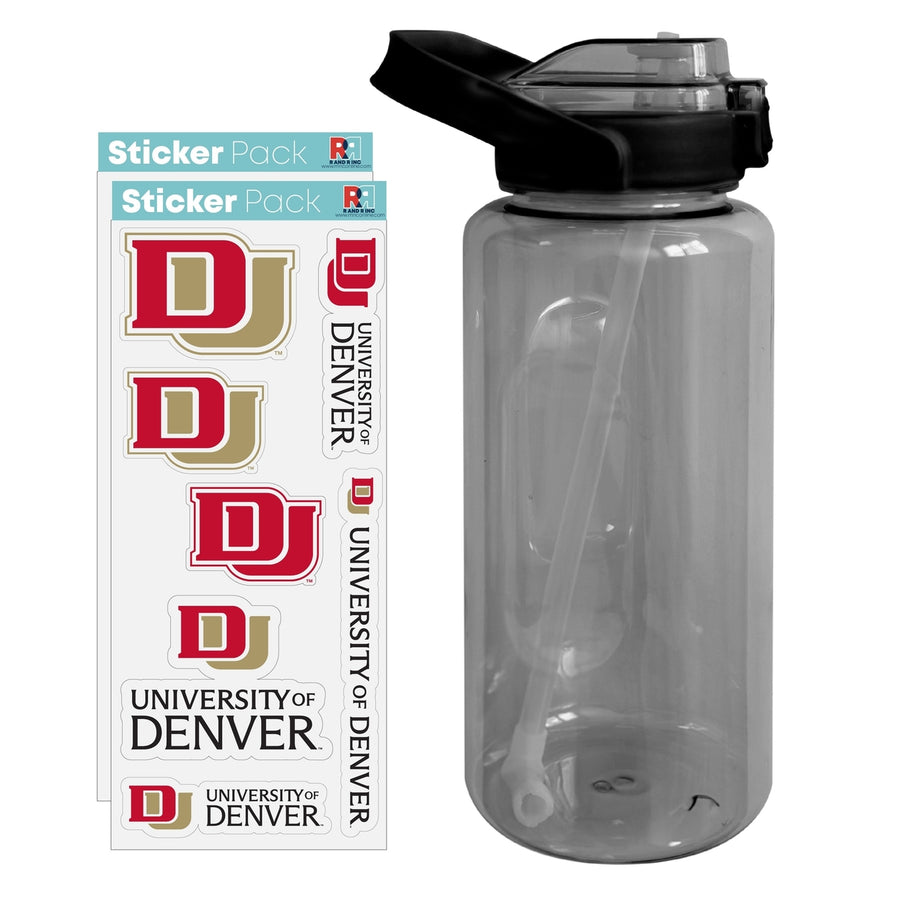 64 oz Large Water Bottle with University of Denver Pioneers Waterproof Stickers Screw-on Top and Straw Officially Image 1