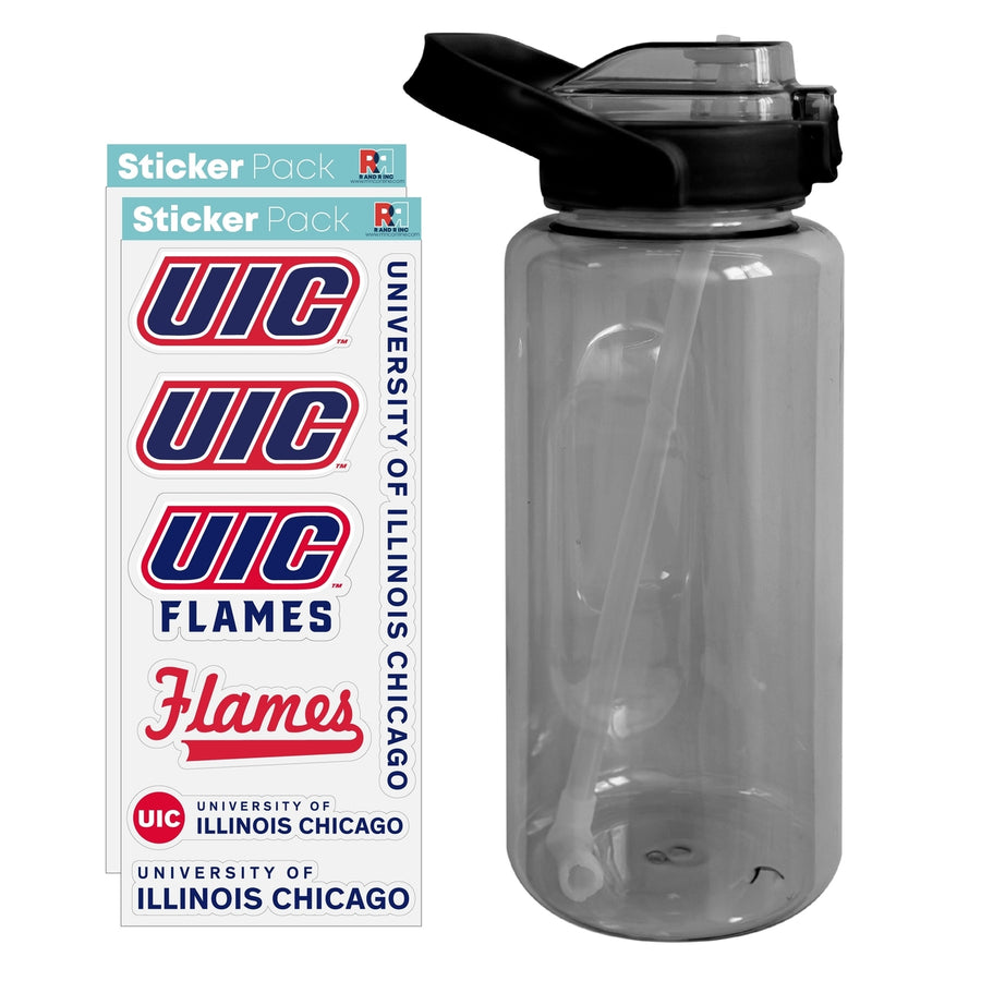 64 oz Large Water Bottle with University of Illinois at Chicago Waterproof Stickers Screw-on Top and Straw Officially Image 1