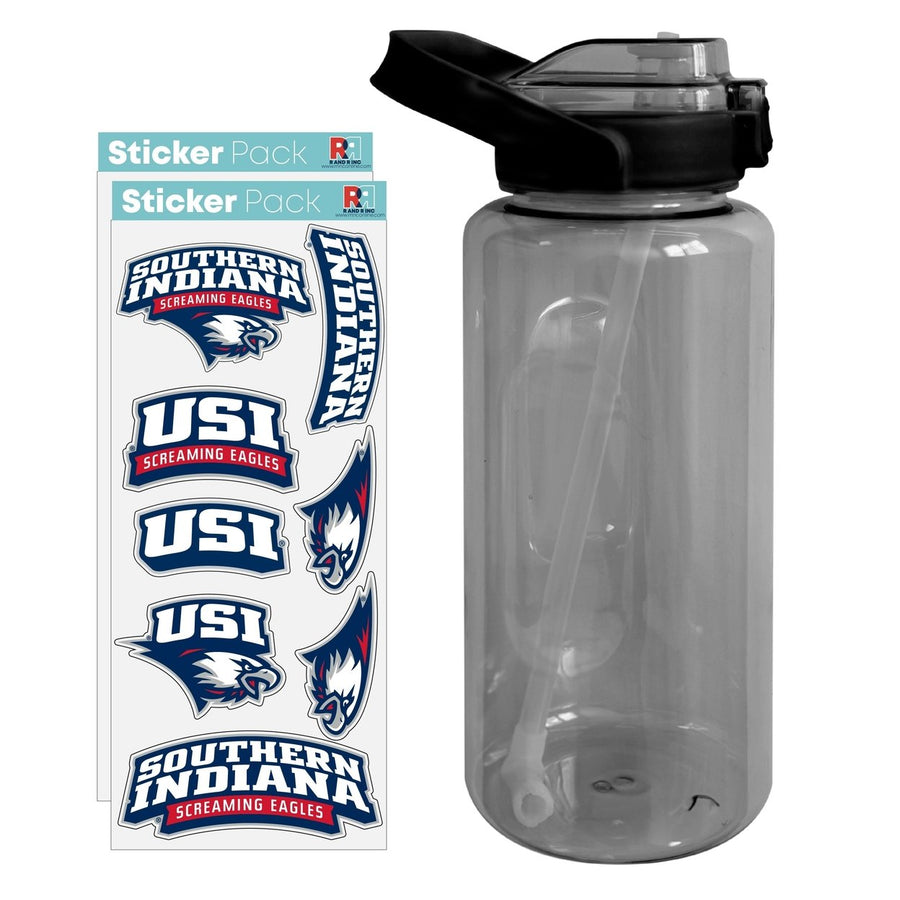 64 oz Large Water Bottle with University of Southern Indiana Waterproof Stickers Screw-on Top and Straw Officially Image 1