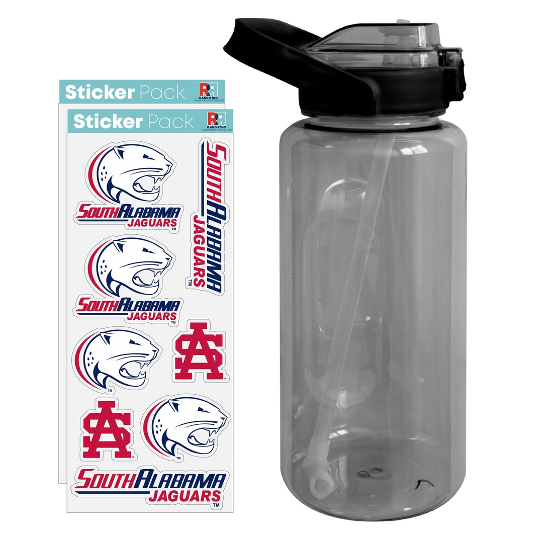 64 oz Large Water Bottle with University of South Alabama Waterproof Stickers Screw-on Top and Straw Officially Licensed Image 1