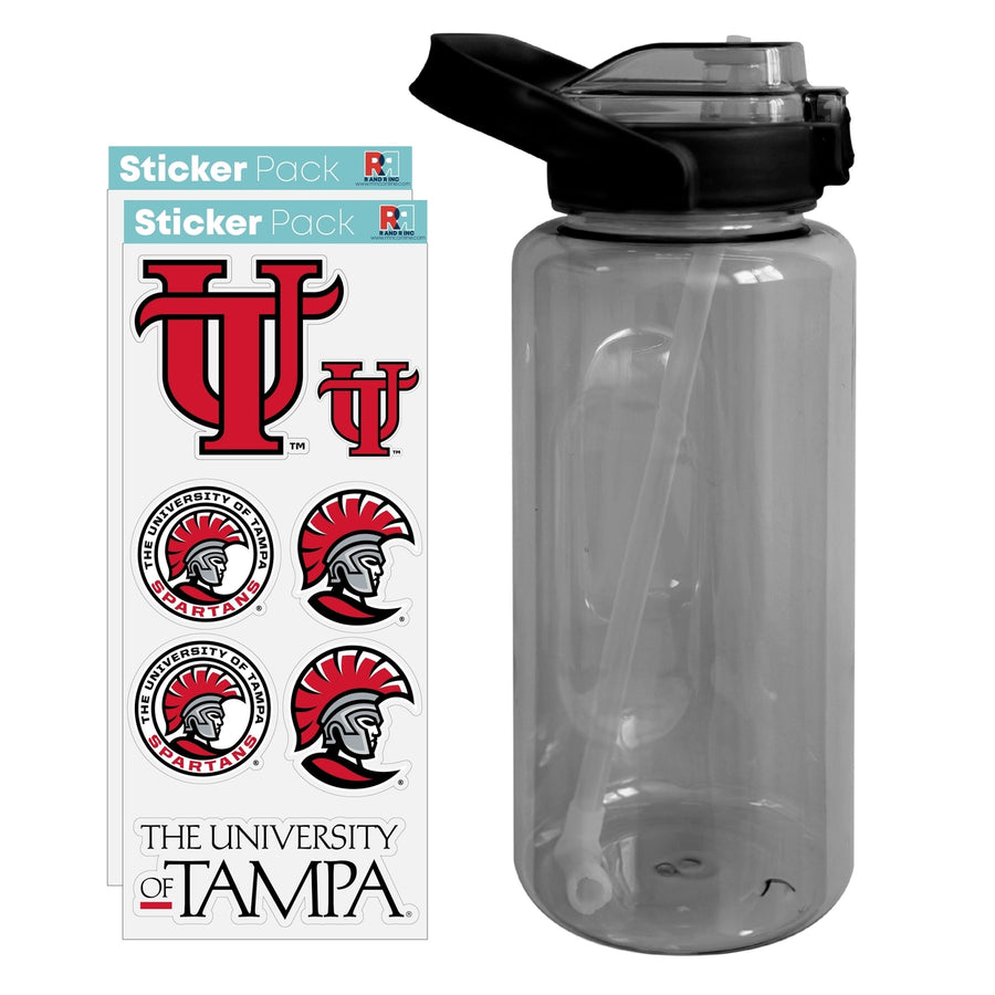 64 oz Large Water Bottle with University of Tampa Spartans Waterproof Stickers Screw-on Top and Straw Officially Image 1