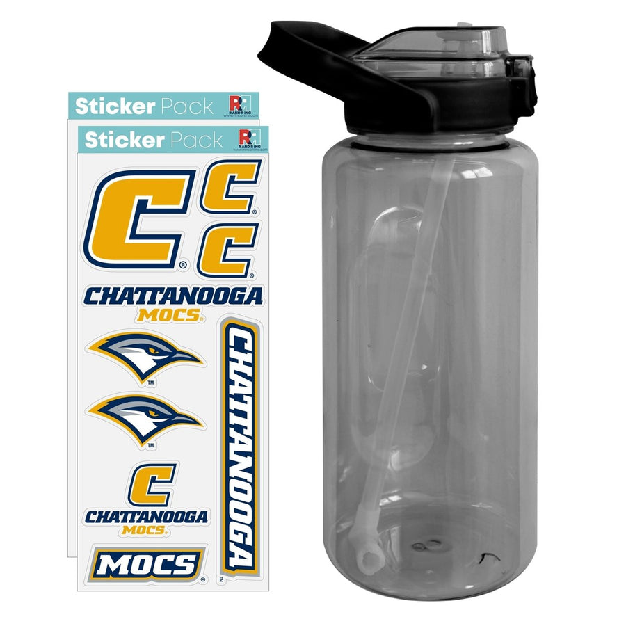 64 oz Large Water Bottle with University of Tennessee at Chattanooga Waterproof Stickers Screw-on Top and Straw Image 1