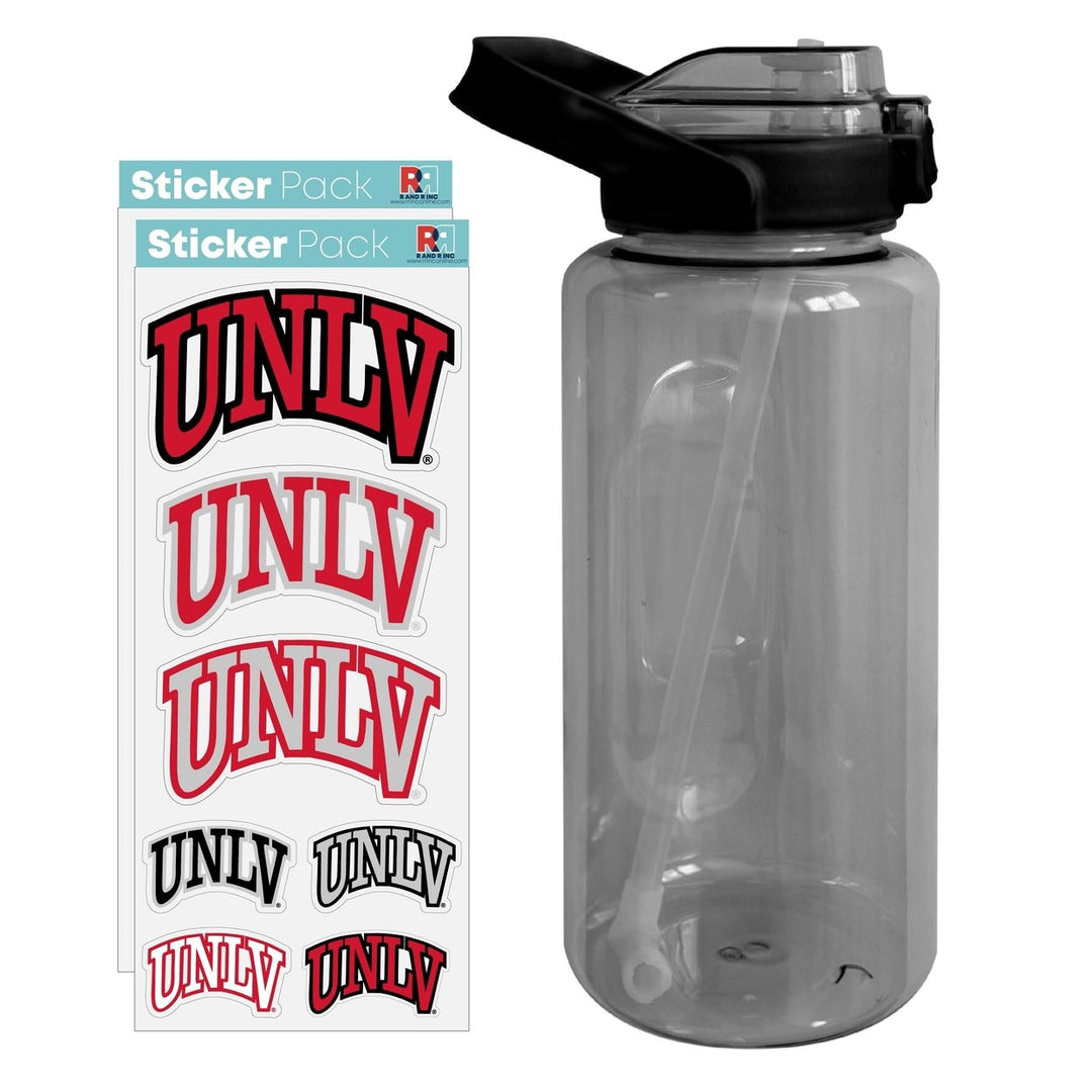 64 oz Large Water Bottle with UNLV Rebels Waterproof Stickers Screw-on Top and Straw Officially Licensed Product Image 1