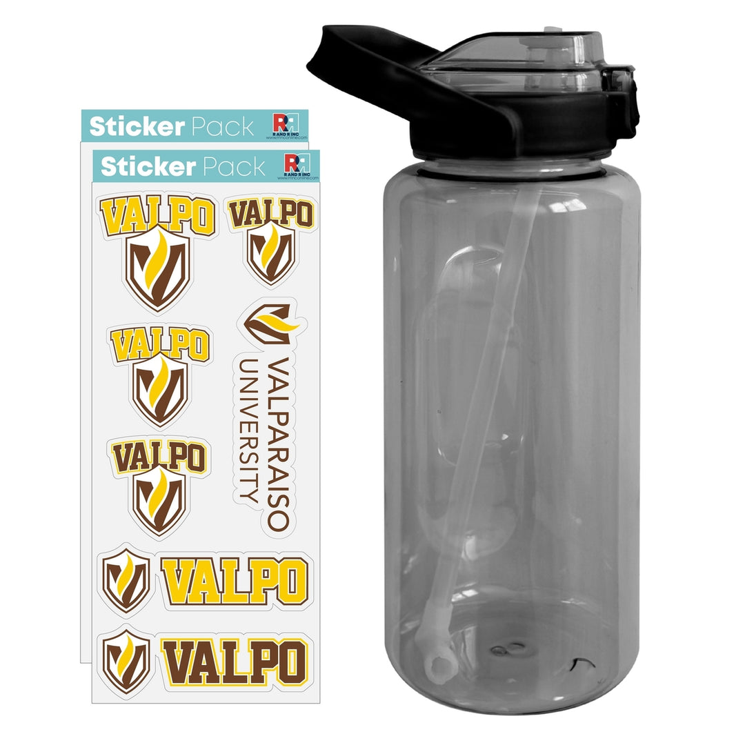 64 oz Large Water Bottle with Valparaiso University Waterproof Stickers Screw-on Top and Straw Officially Licensed Image 1