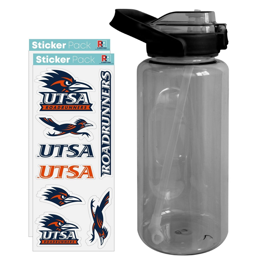 64 oz Large Water Bottle with UTSA Road Runners Waterproof Stickers Screw-on Top and Straw Officially Licensed Product Image 1