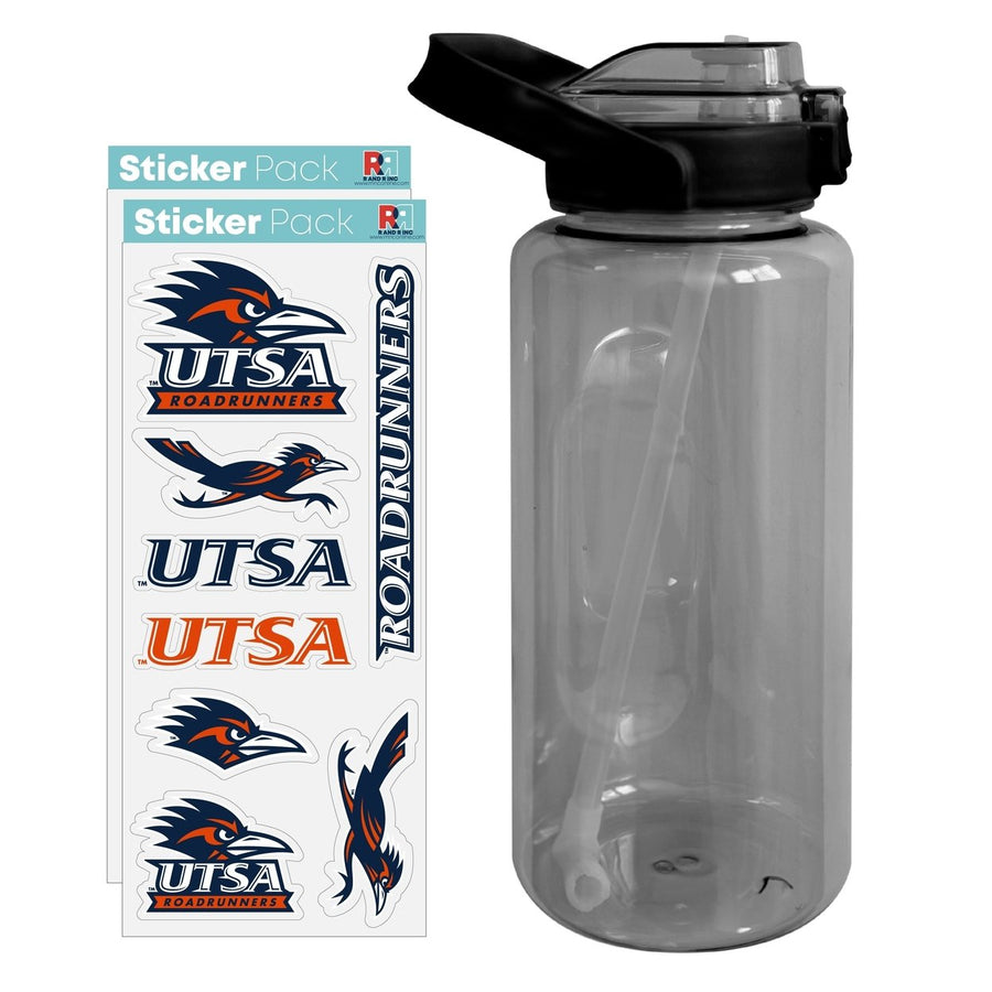 64 oz Large Water Bottle with UTSA Road Runners Waterproof Stickers Screw-on Top and Straw Officially Licensed Product Image 1